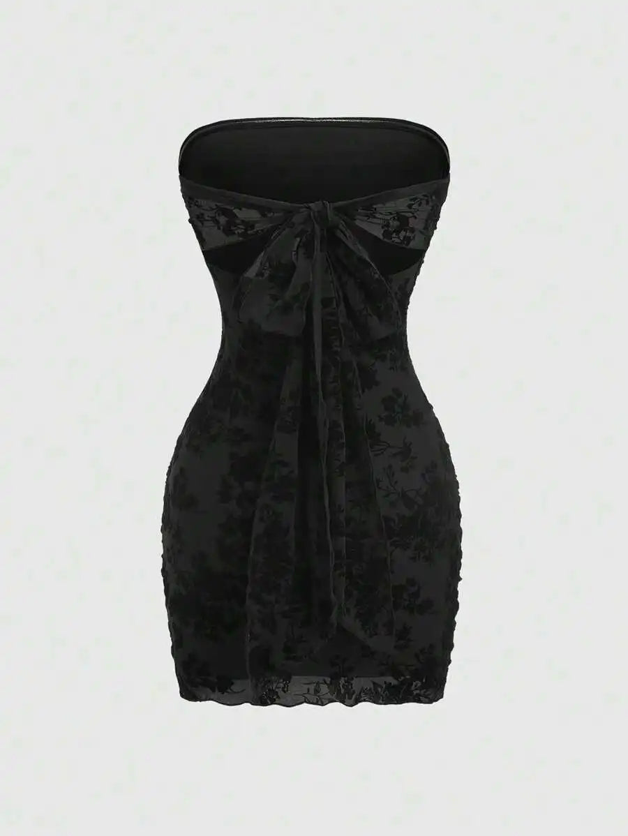 Black Velvet Floral Print Strapless Ruched Mini Dress for Women