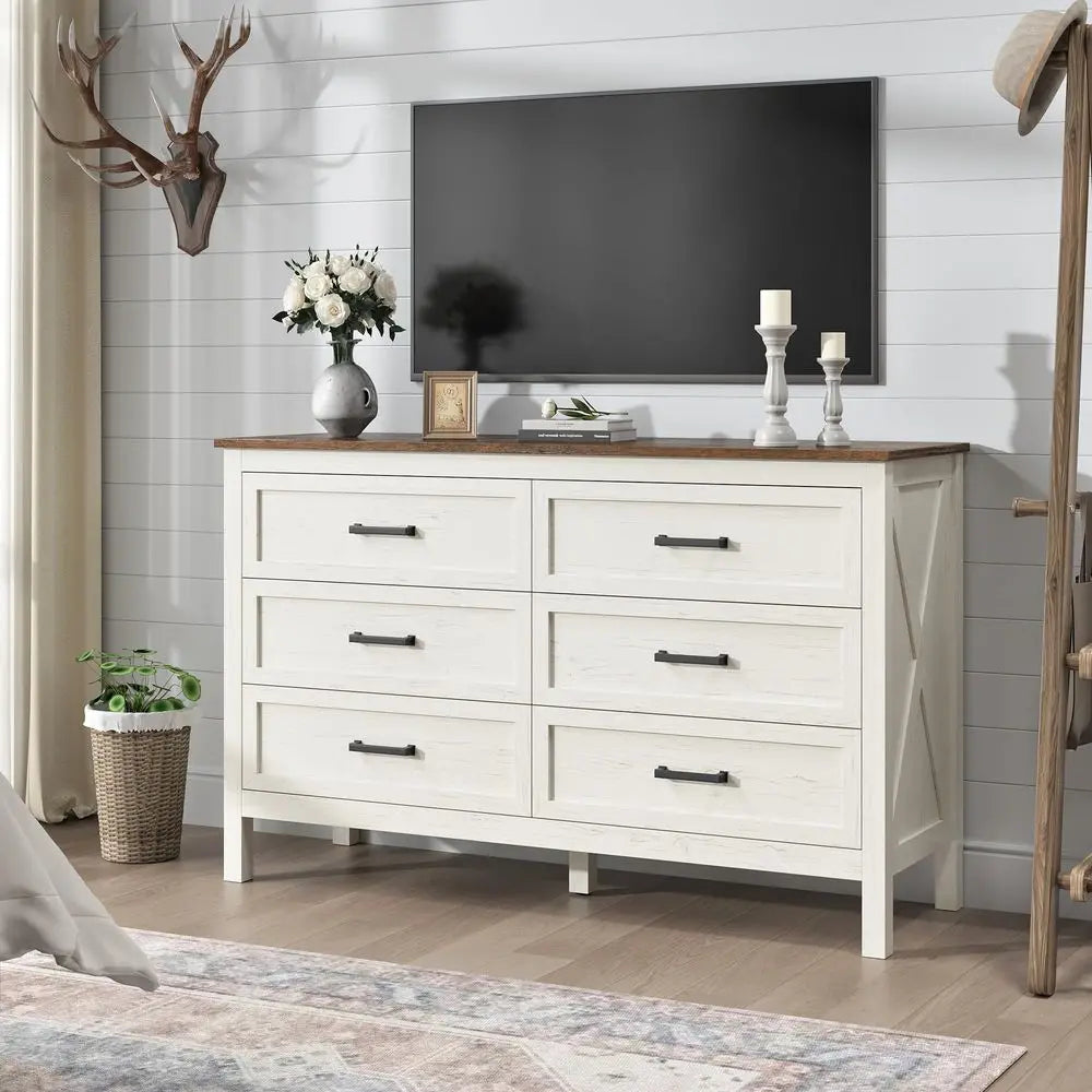Dresser for Bedroom, 6 Drawers Dresser with Natural Texture, Wood Rustic Wide Chest for Bedroom, Hallway, Entryway, Antique Whit