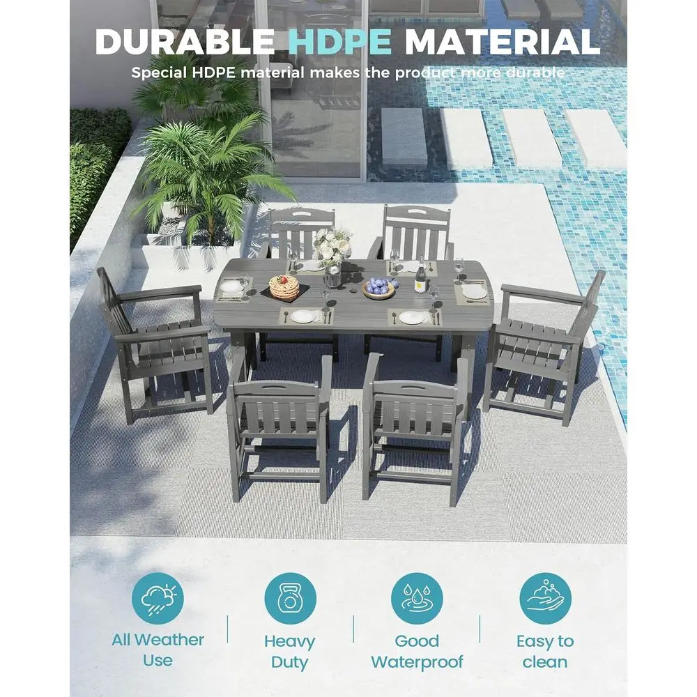 HDPE Outdoor Dining Set, 7-Piece Patio Table and Chairs Set with Umbrella Hole, All-Weather Patio Dining Sets or 6, Durable Pati