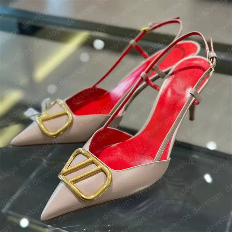 High heels designer sandals classics metal buckle pointed toe thin heel summer valentinolies luxurys brand genuine leather woman