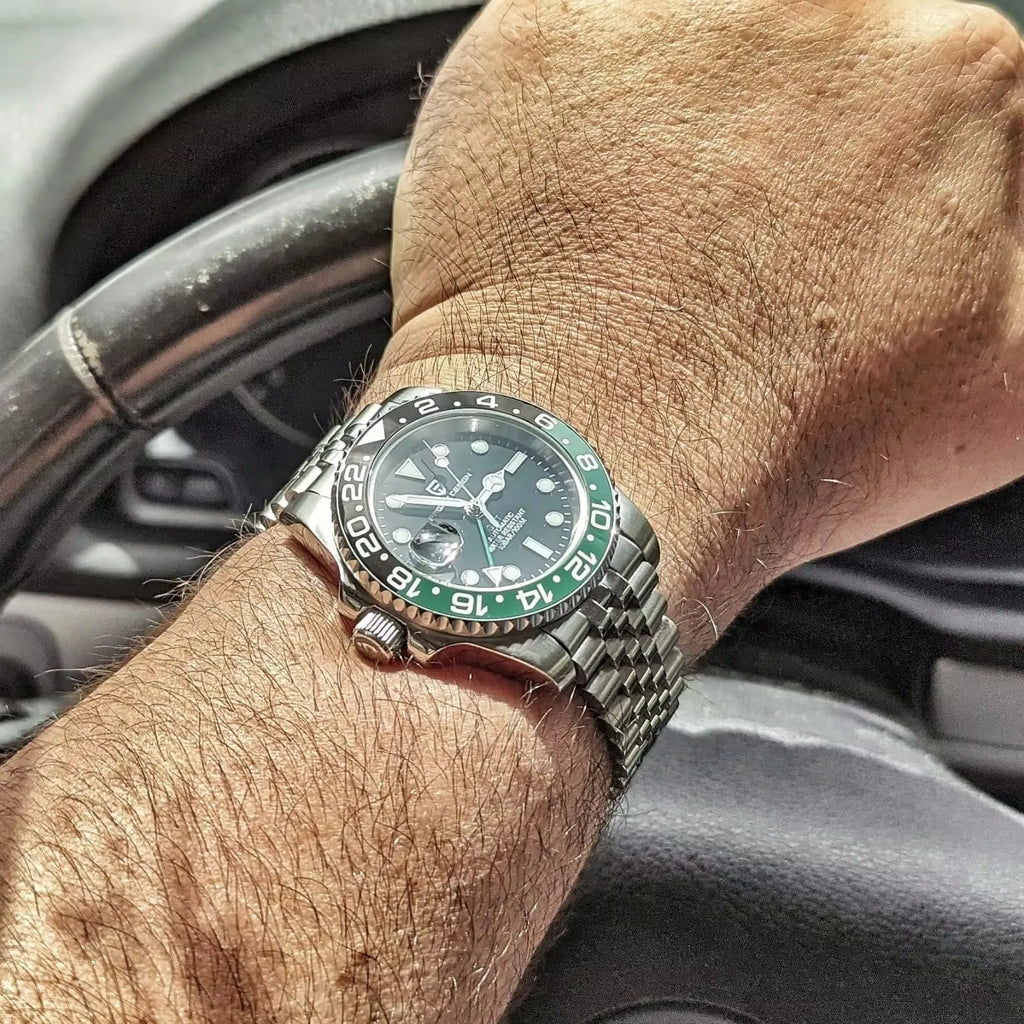 PAGANI DESIGN 40MM Men Mechanical Automatic Watch Left Crown GMT Sapphire Glass Ceramic Bezel Silver Jubilee Strap Watch for men
