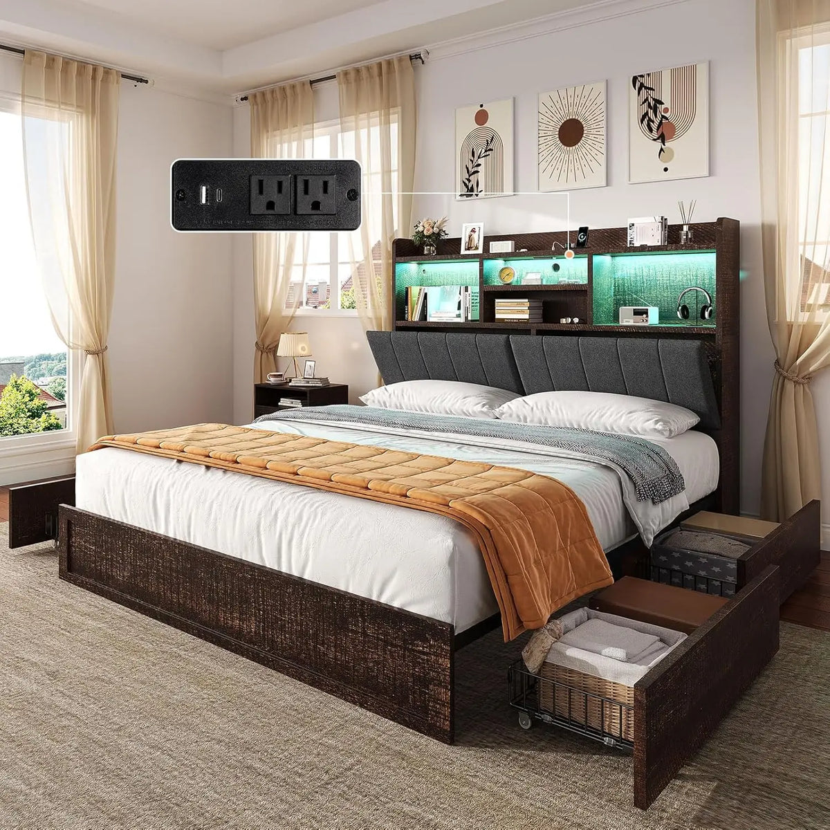 King Platform Bed Frame with Bookcase Headboard 51" Storage Drawers USB Charging Station Linen Upholstered Rustic Black, Customi