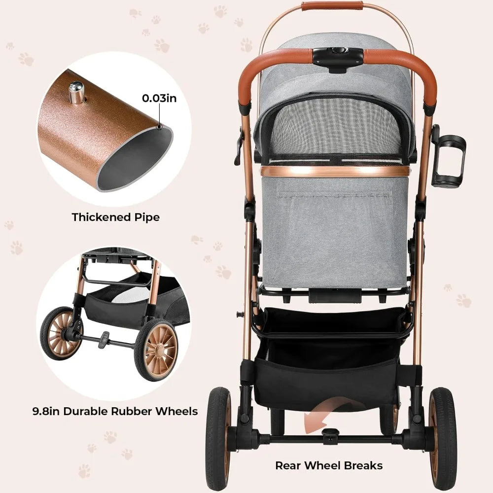 Pet Stroller for Medium Dogs Cats Up to 55 lbs, All-Terrain 3-in-1 with Detachable Carrier, Rubber Wheels, One-Click Folding