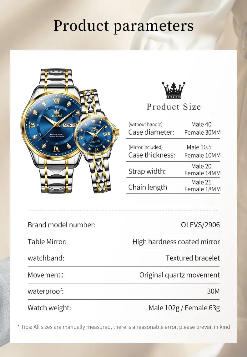 Luminous Calendar Date Waterproof Stainless Steel Couple Watch for Men and Women, Formal Casual Romantic Wedding Gift