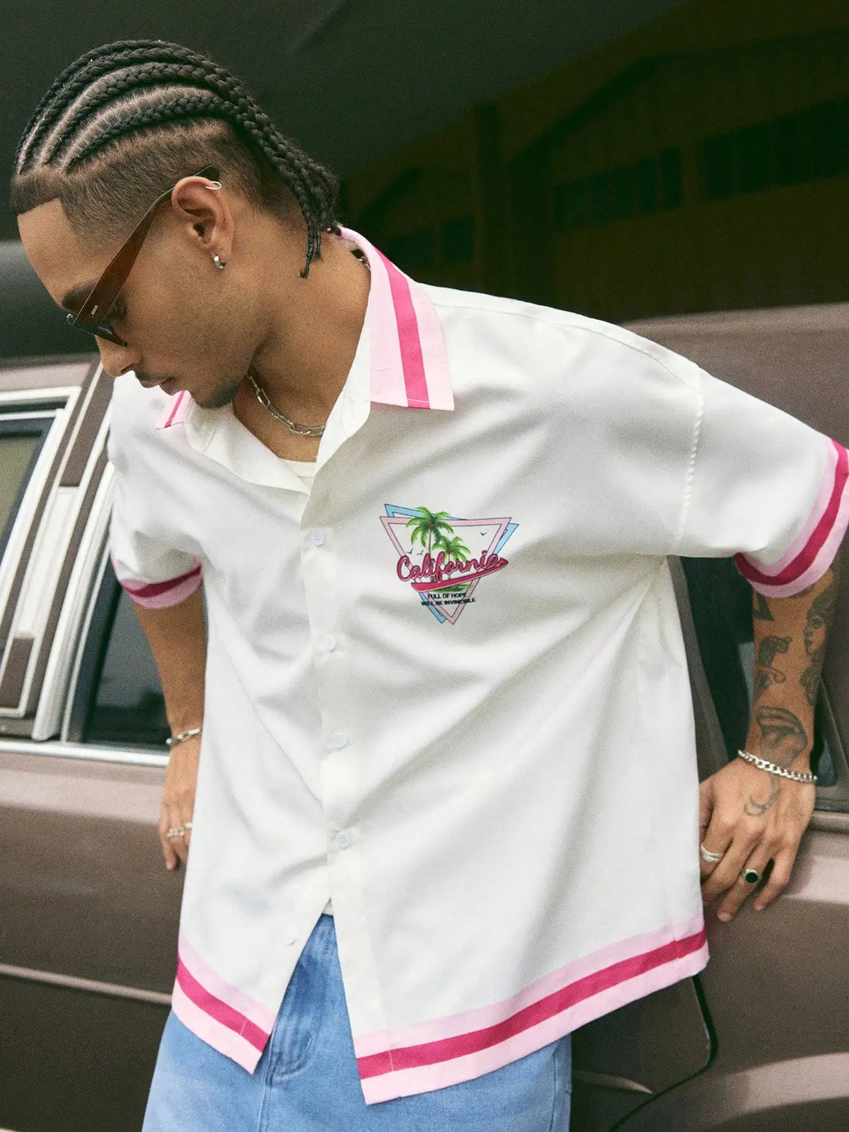 Men's Oversized Woven Short Sleeve Shirt with Graphic Print, Streetwear Style