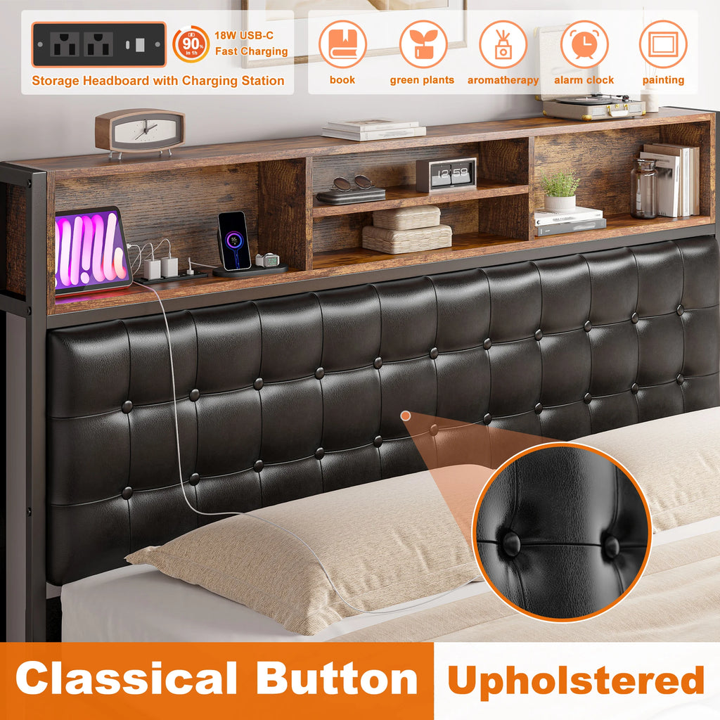 Full/Queen/King Bed Frame with Charging Station and 4 Storage Drawers Platform Bed Frame with Upholstered Headboard No Noise