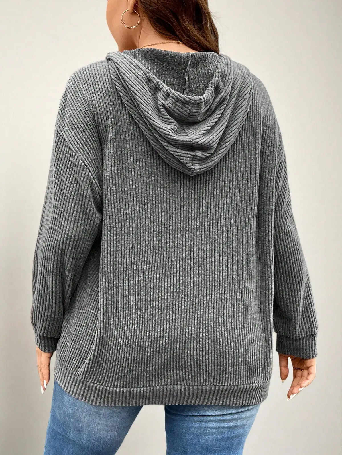 Gray Ribbed Drop Shoulder Zip-Up Hoodie with Drawstring for Spring Fall Casual Wear