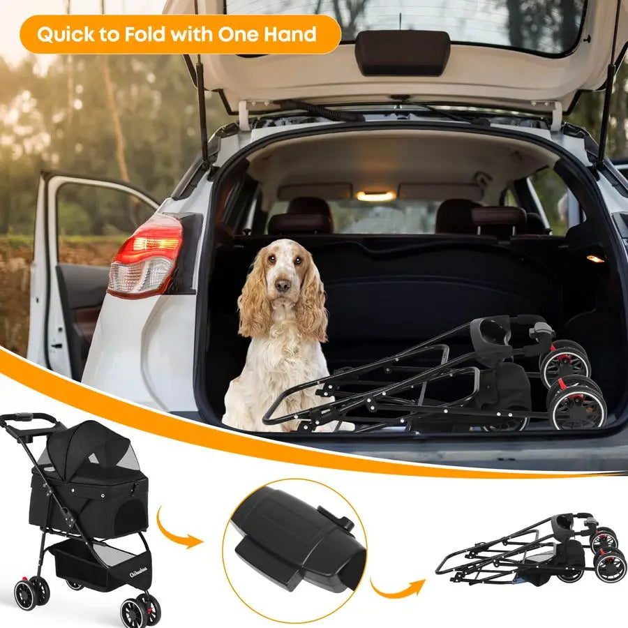 Stroller,Dog Stroller for Small Medium Dogs Cats,3 Wheels,Foldable,with Breathable Mesh Canopy,Cup Holders,Easy Assembly,Black
