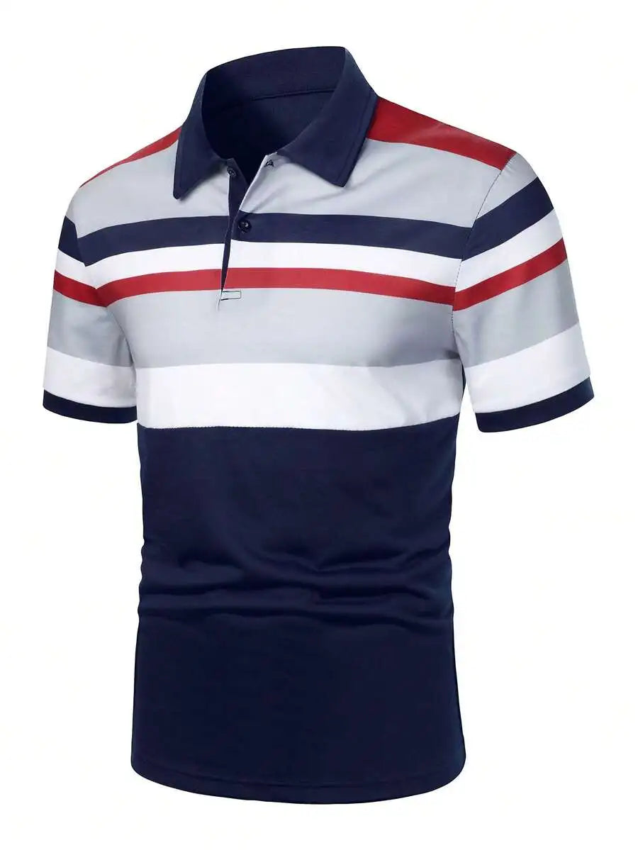 Men's Short Sleeve Striped Polo Shirt in Navy, Red, White & Gray
