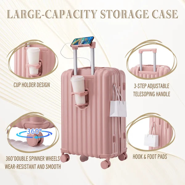 20 /24 /28  3 pcs/set in ABS Spinner Wheel Luggage, Carry on Suitcase, with Cup Holder & USB Port & Phone Holder (Pink) Upgraded