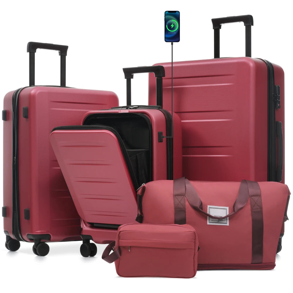 5Pcs Front Opening Hardside Expandable Luggage Set Double Spinner Wheels USB Port TSA Lock 20/24/28"