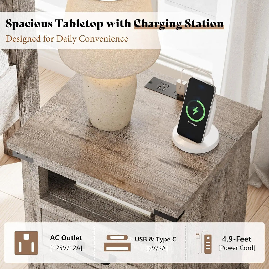 18" Wood Nightstand Set of 2 with Charging Station & 2 Drawers for Bedroom Living Room Light Grey, Customized