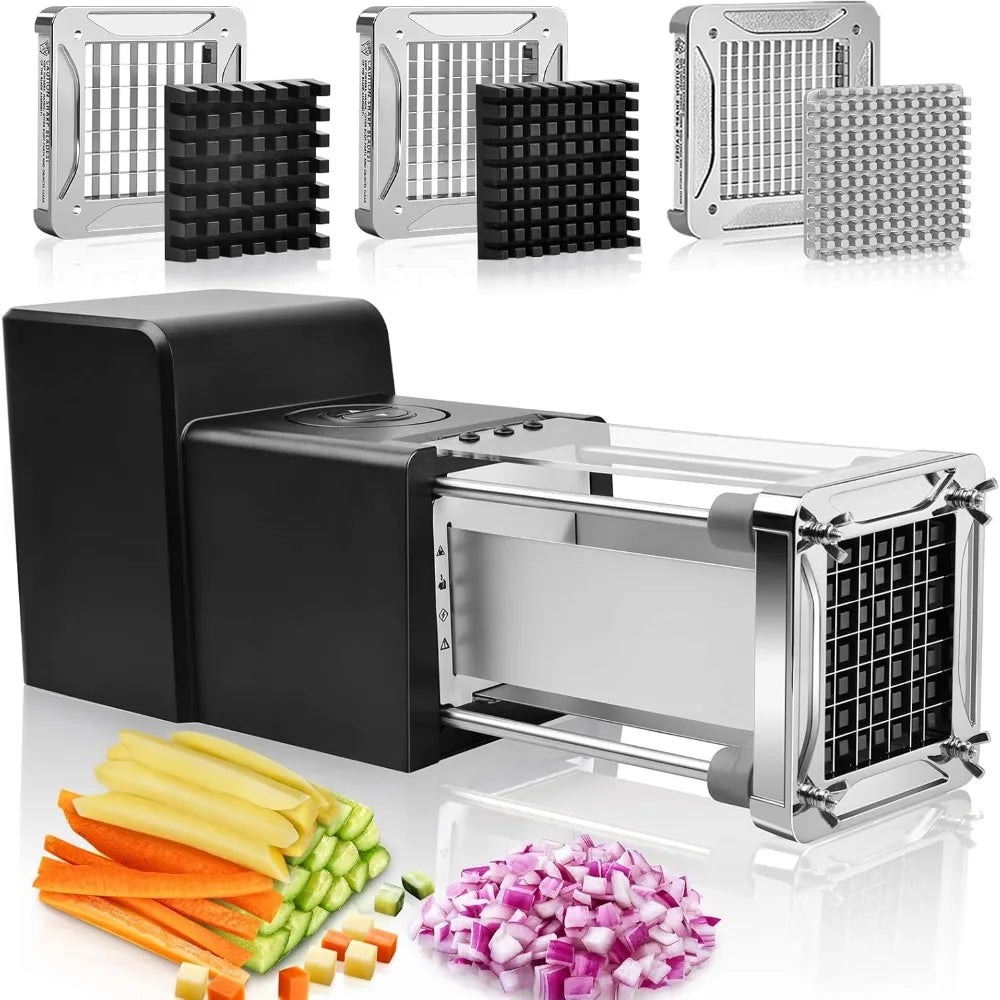 French Fry Cutter Electric Vegetable Slicer Stainless Steel with 3 Blades 1/4 3/8 1/2 Inch for Potatoes Carrots Onions