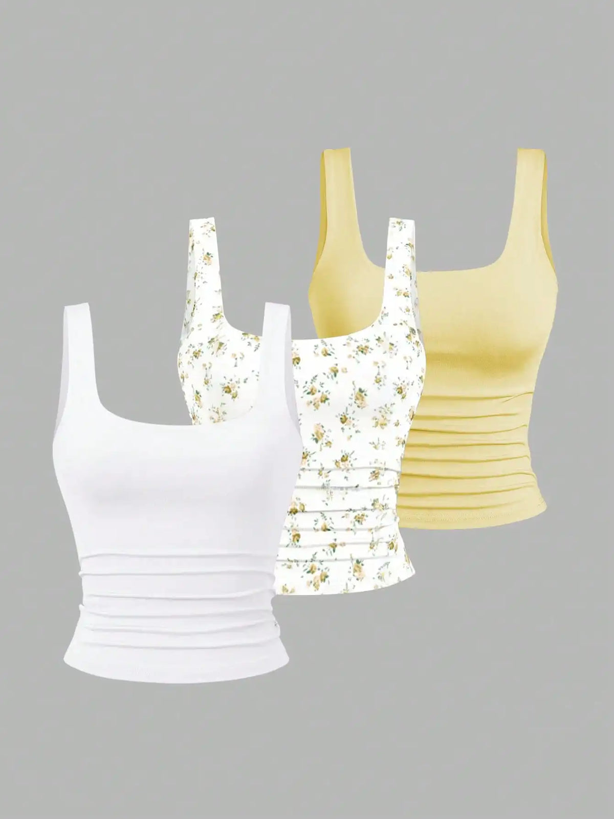 Women's Ruched Square Neck Tank Top Set, Casual Summer Floral & Solid Colors