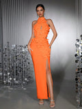 Elegant 3D Floral Halter Sleeveless High Slit Bandage Maxi Dress For Evening Party Wedding
