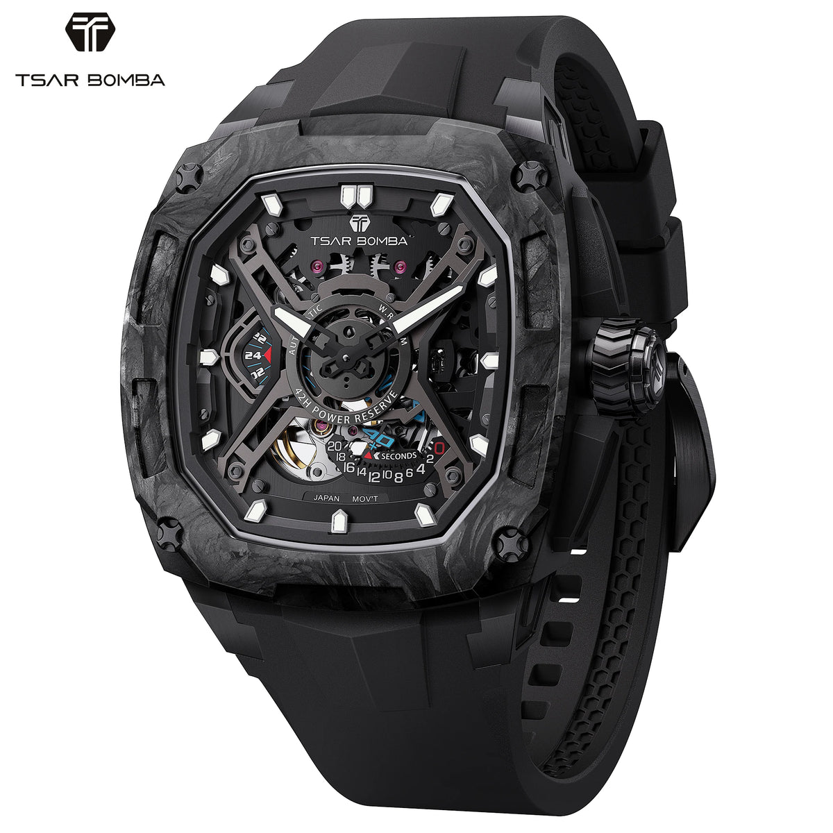 TSAR BOMBA Men's Luxury Mechanical Watch, Carbon Fiber Case, Luminous, 5ATM Waterproof, Viton Strap, Ideal Gift for Men