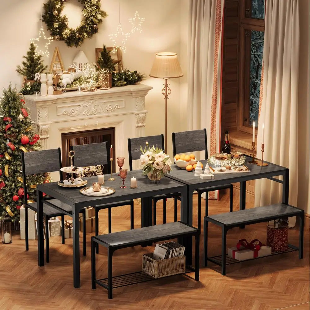 Kitchen Table and 2 Chairs for 4 with Bench, 4 Piece Dining Sets for Small Space, Dark Grey