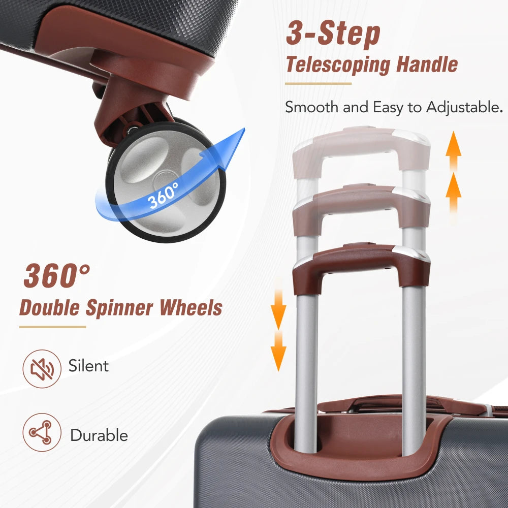 Lightweight Brown Hardshell 3PCS Luggage Set with Cosmetic Bag TSA Approved Lock Spinner Wheels 20"+24" for Trip