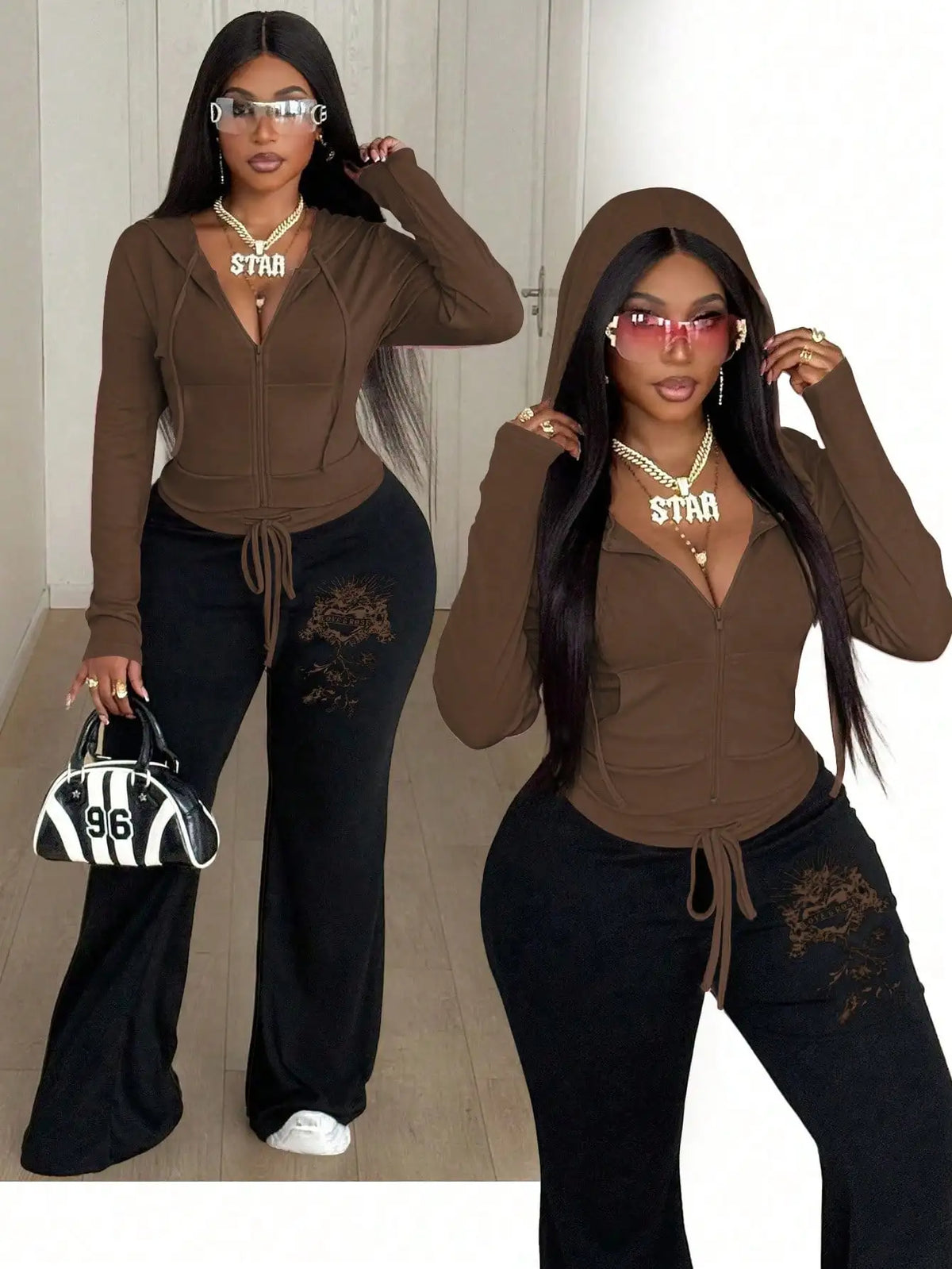Pink Cropped Hooded Zip-Up Sweatshirt & Black Flare Pants 2-Piece Set with Graphic Embroidery