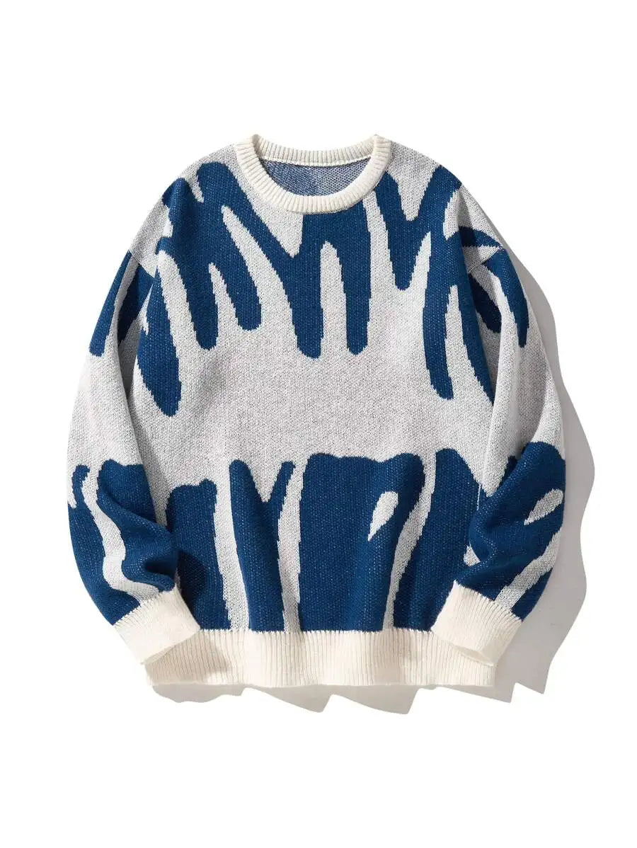 Men's Oversized Graphic Knit Sweater with Bold Black Pattern, Fall Winter Casual Wear