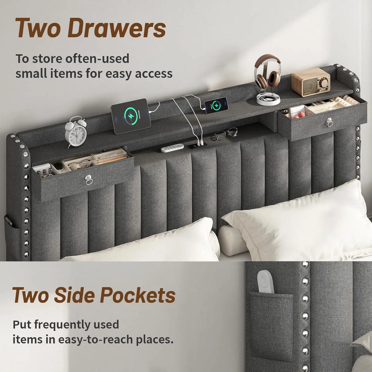 King Size Bed Frame with 4 Storage Drawers, Upholstered Platform King Bed Frame and Headboard, 3 USB & Type-C, Customized