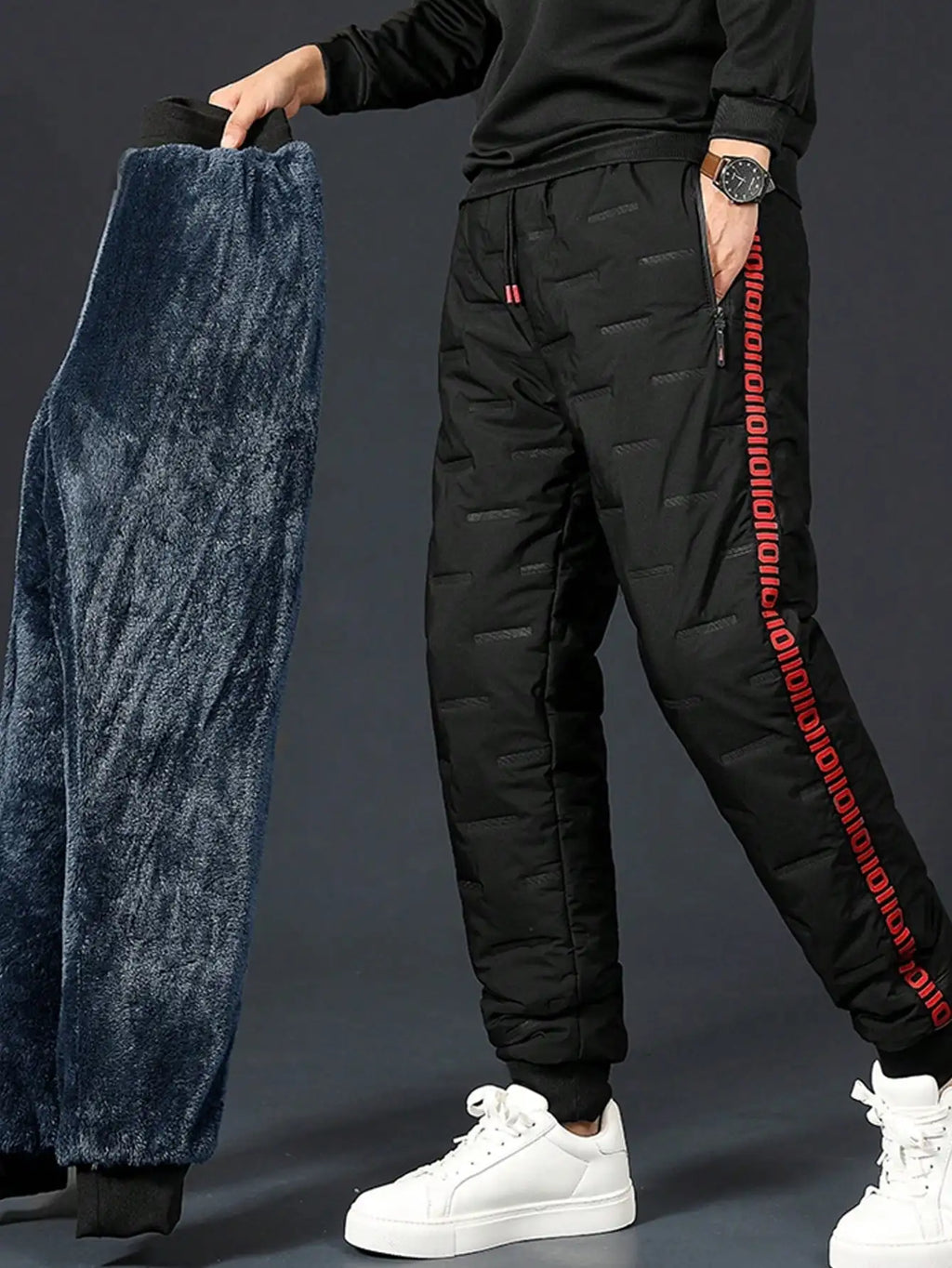 Men's Black Thermal Lined Drawstring Pants with Red Graphic Print
