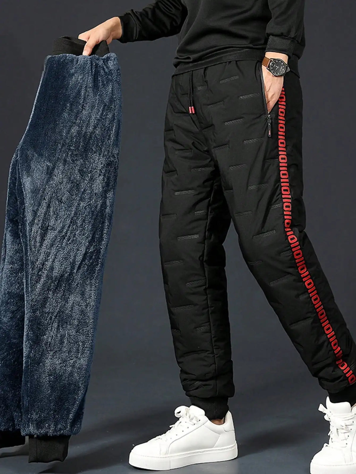 Men's Black Thermal Lined Drawstring Pants with Red Graphic Print