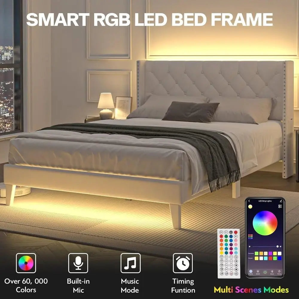Queen Size Velvet Upholstered Platform Bed with LED Lights, Button-Tufted Wingback Headboard, Wooden Slat Support, No Box Spring
