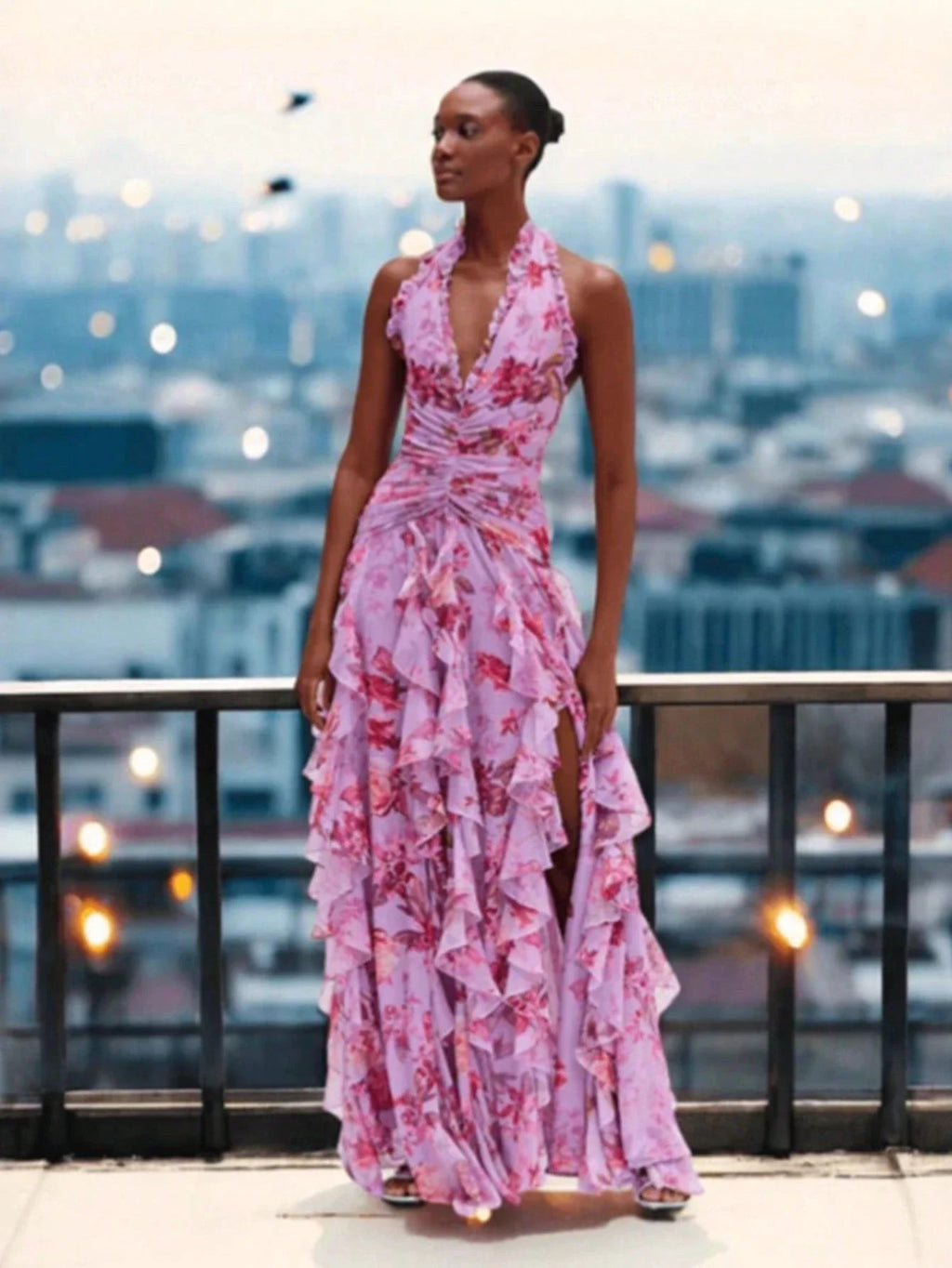 Elegant Floral Halter Neck Long Dress With Ruffle Hem And Slit For Women