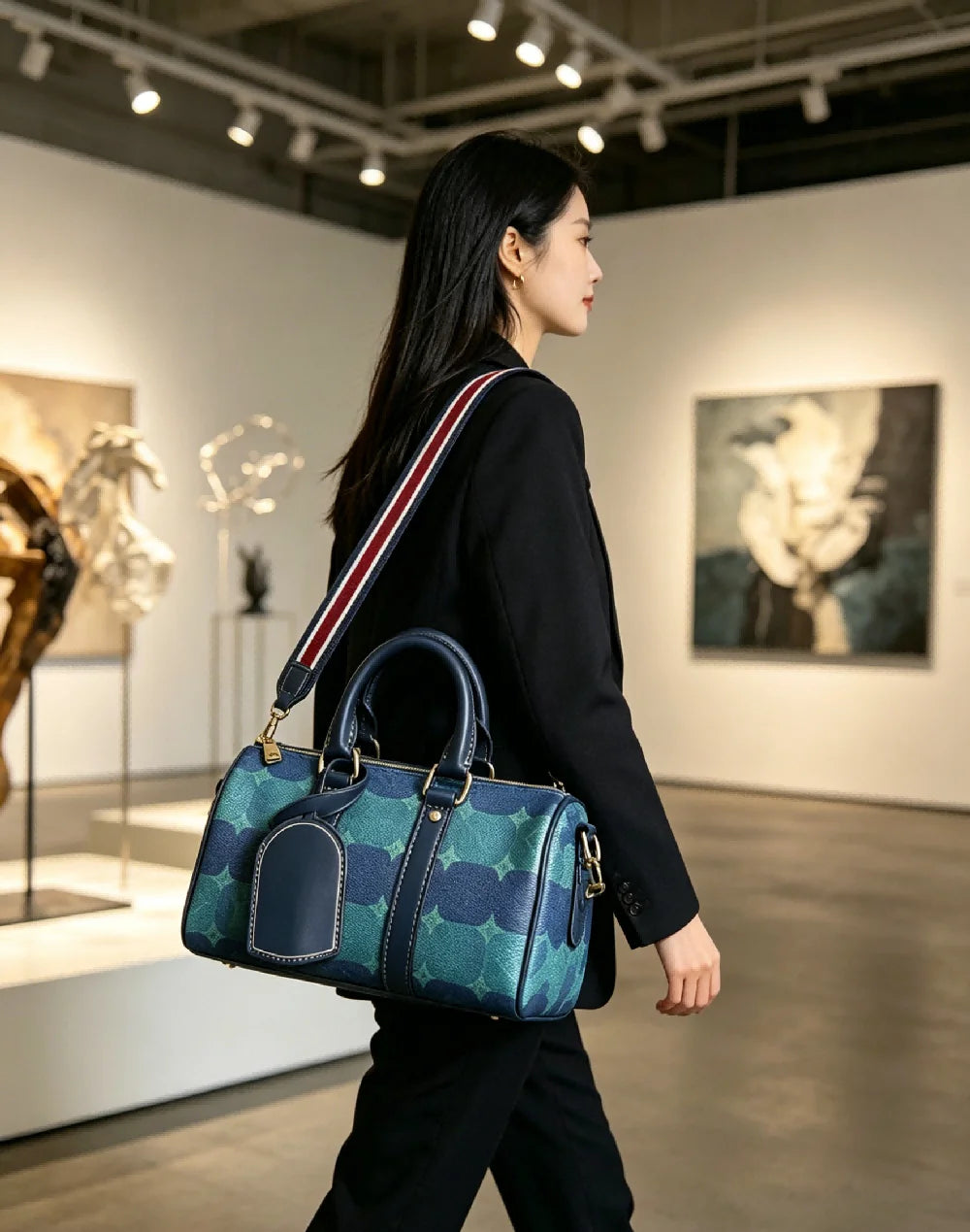 Women Blue Green Plaid Boston Shoulder Bag, Vintage Style Top Handle Handbag Crossbody Purse for Daily and Weekend