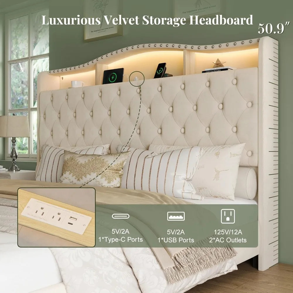King-size Bed Frame and Headboard, 50.9-inch Velvet-padded Wingback Bed Frame with LED Lights and Storage/charging Station
