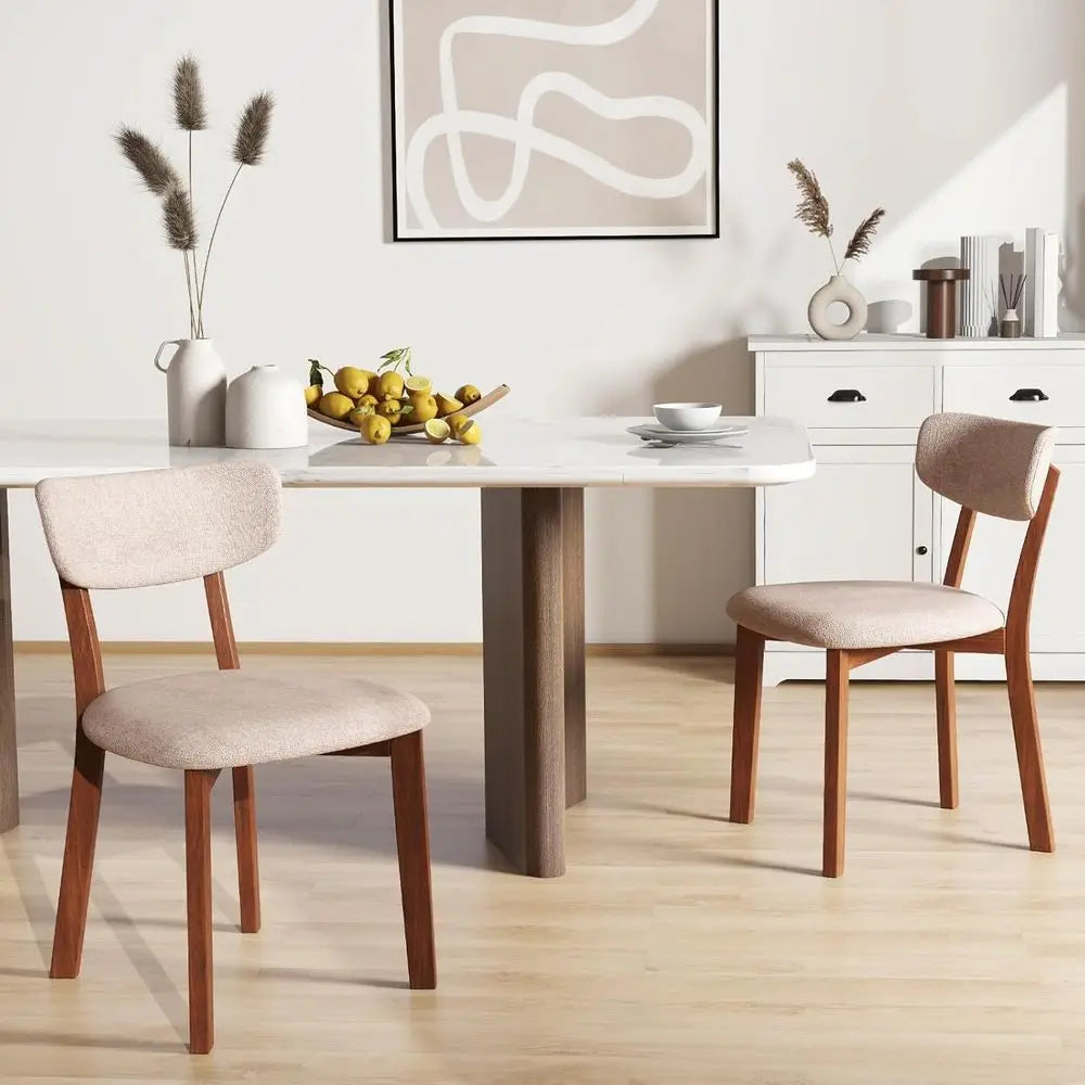Set of 4 Upholstered Dining Chairs with Cushioned Seats and Rubberwood Legs, Sandy Beige