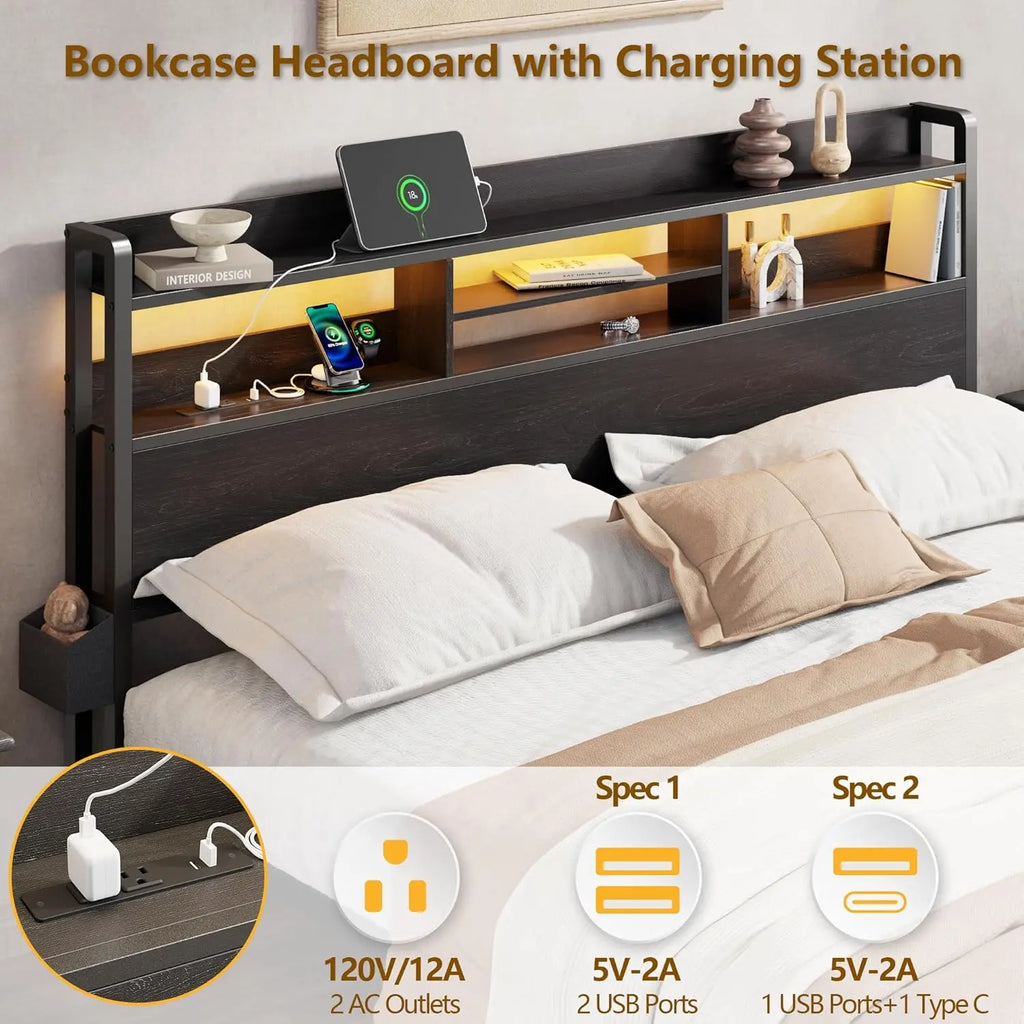 Frame with Wood Headboard and Storage Shelf, Metal Platform Bed Frame with Storage Drawers, Customized