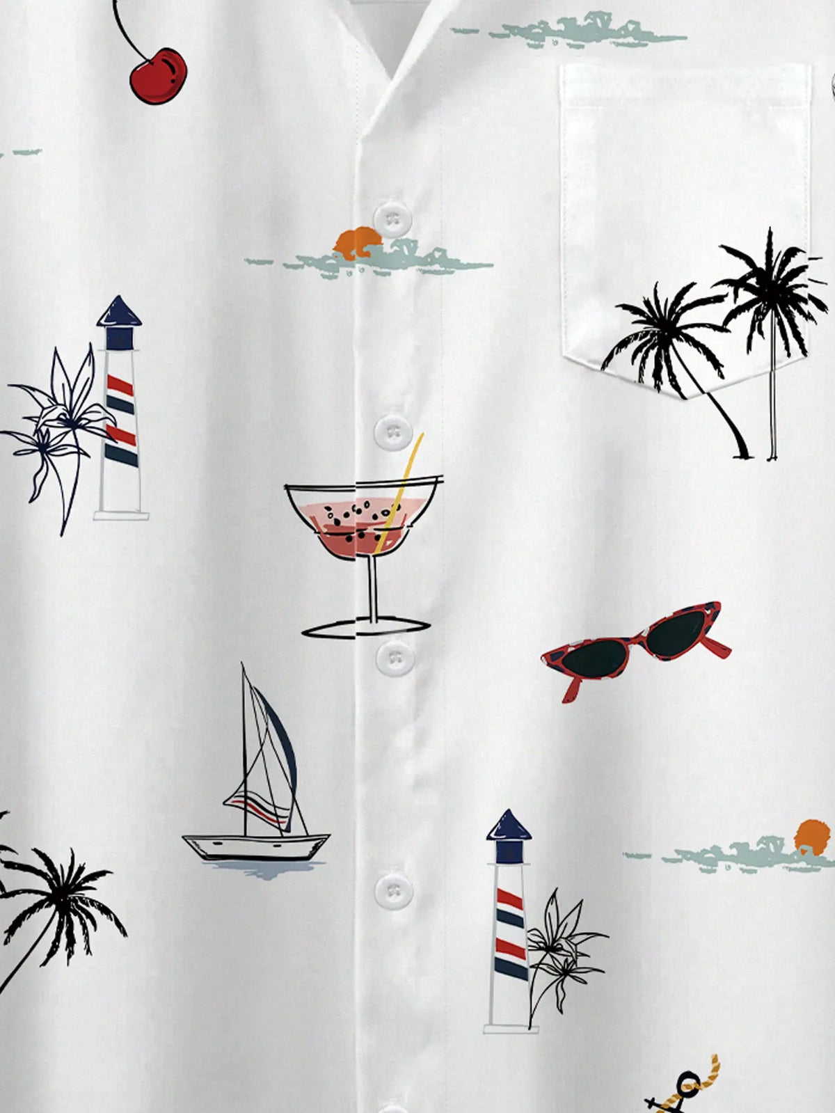 Men's Short Sleeve Button-Up Shirt with Nautical & Tropical Print, Casual Beach Style