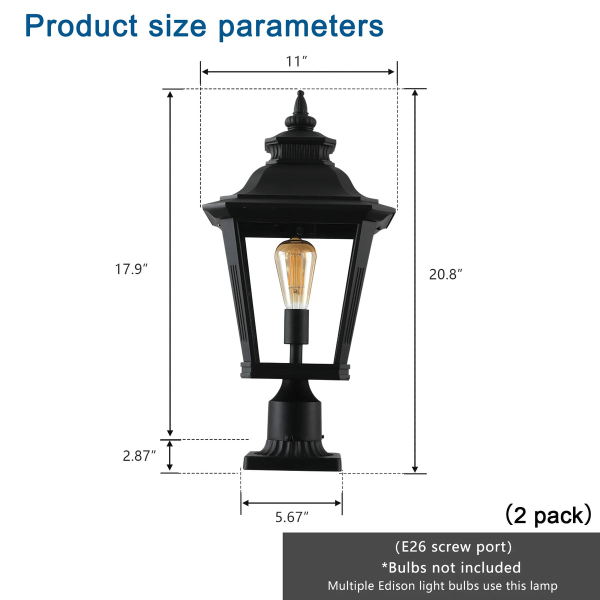 2 pack Large Outdoor Post Light Fixture 21'' Black Exterior Pillar Lantern Waterproof Anti-Rust Aluminum Post Lamp