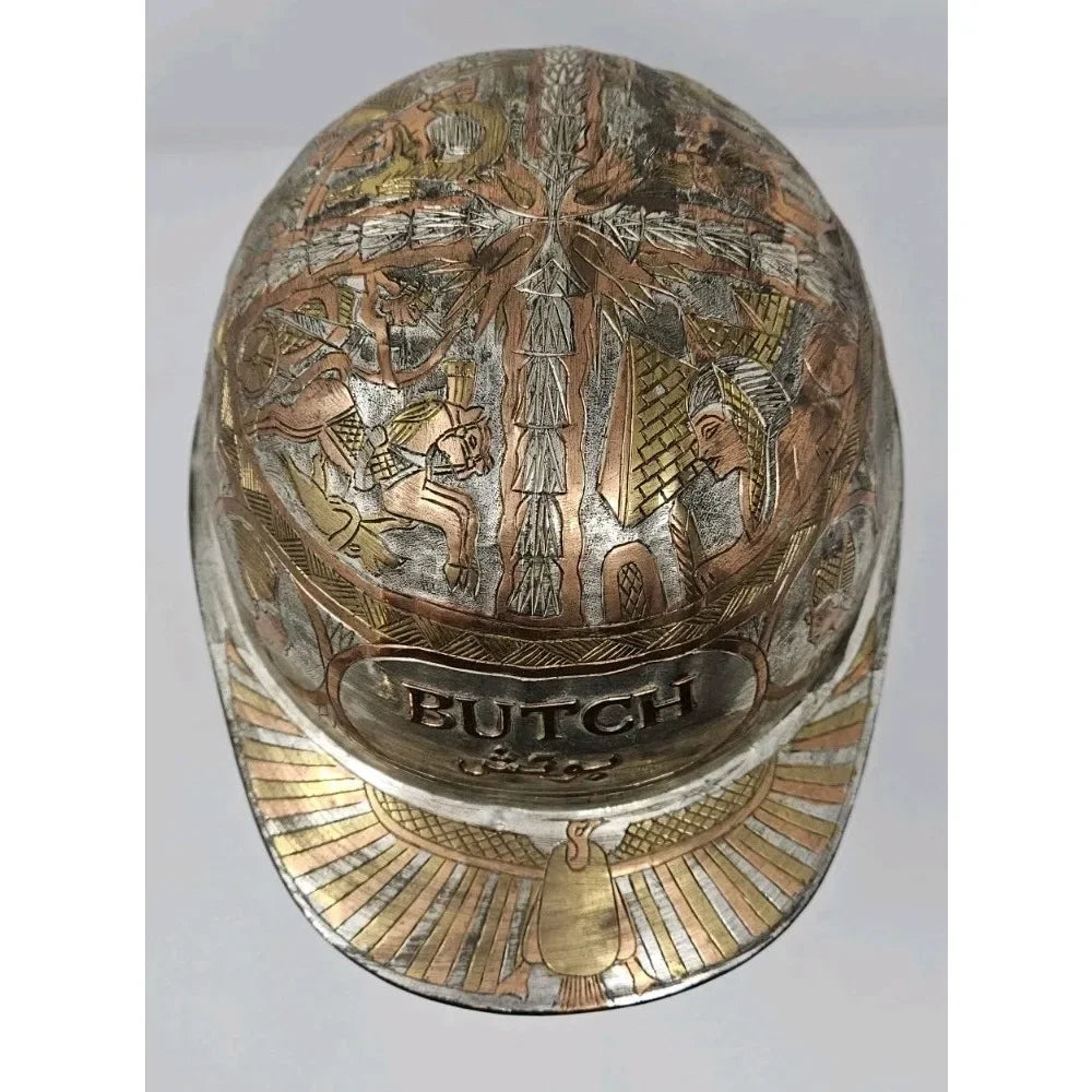 Egyptian Design Hammered Etched Engraved Brass Hard Hat Helmet Copper Vintage