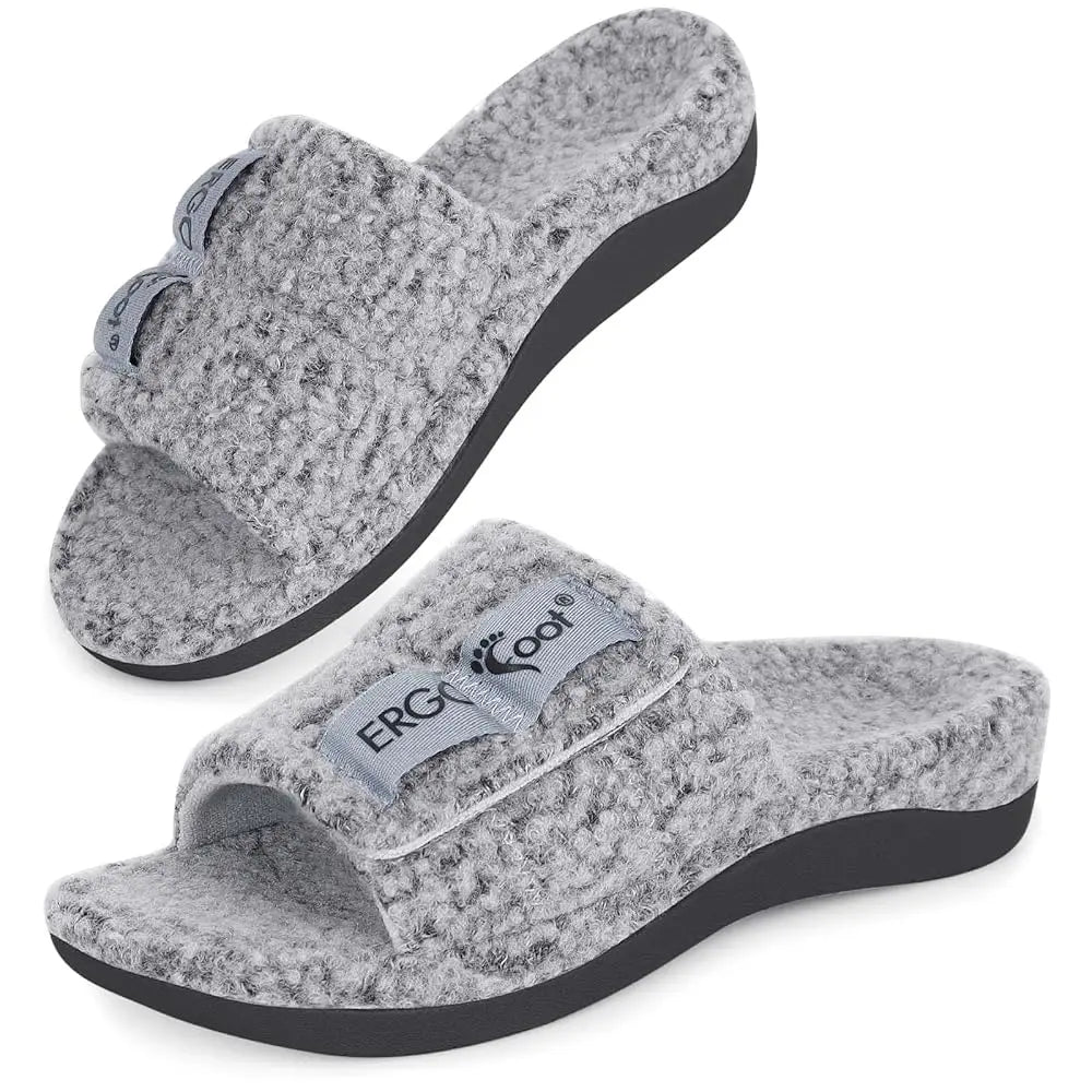 Fuzzy House Slippers with Arch Support for Women Men, Orthopedic Slide Slippers for Plantar Fasciitis Open Toe Indoor House