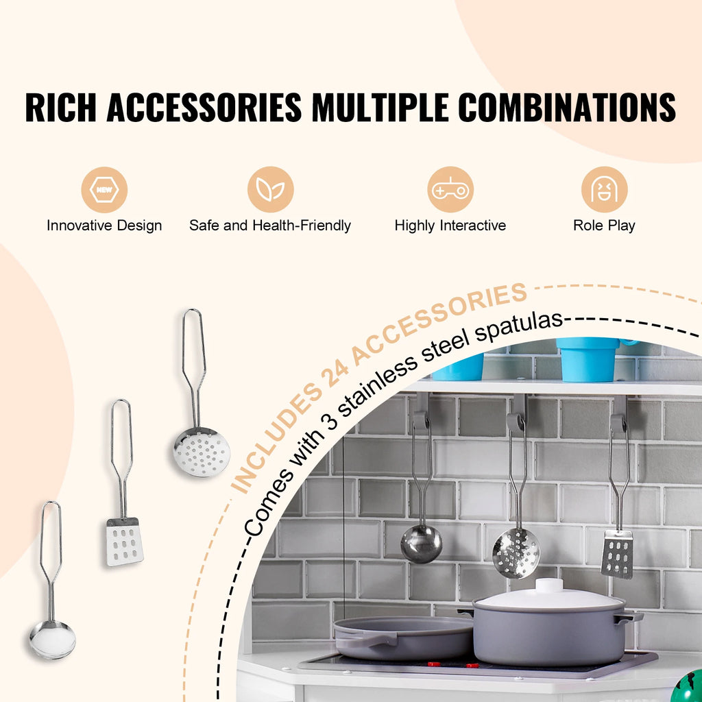 SucceBuy Corner Wooden Play KitchenToys Set Children Kitchenware toys with Lights & Sounds for Kids Preschoolers Girls Gifts