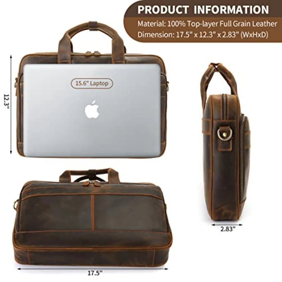 Full Grain Leather Briefcase for Men Business Messenger Bag Laptop Case Fits 15.6 Inch Laptop Brown Premium Quality Durable Des
