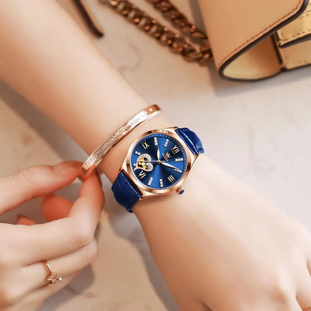 OLEVS Watches or Women Automatic Ladies Watch Mechanical Leather Strap Sel-Winding Diamond dial Waterproo