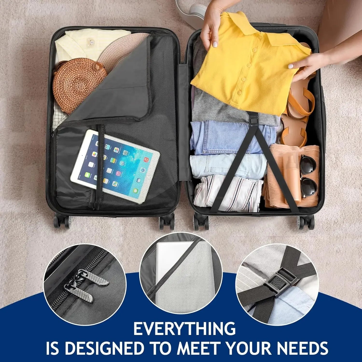 Set of 3 Hardside Carry on Suitcase Sets with Spinner Wheels & TSA lock, Portable Lightweight ABS Luggages for Travel, Business