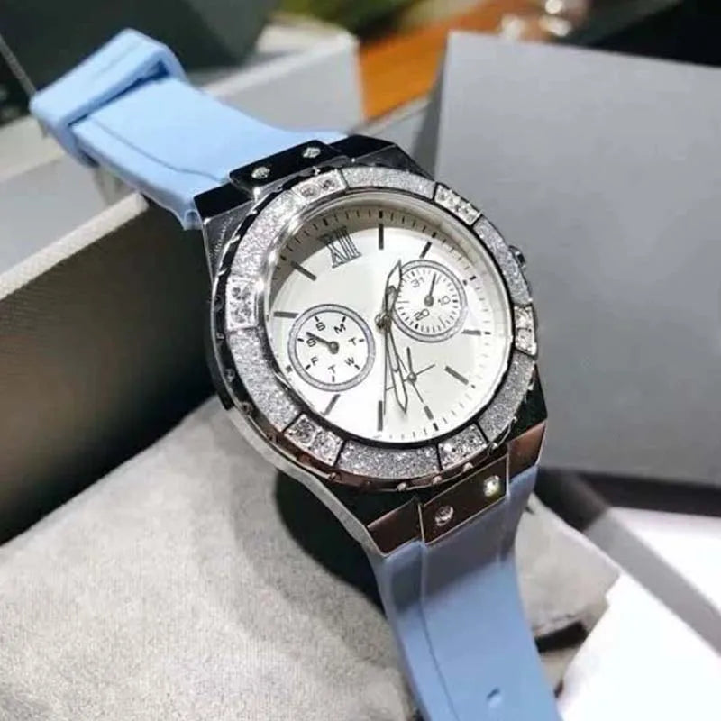 Luxury Quartz Watch Set Stainless Steel Case Silicone Strap Chronograph Diamond Dial Waterproof Couple Wristwatch Women