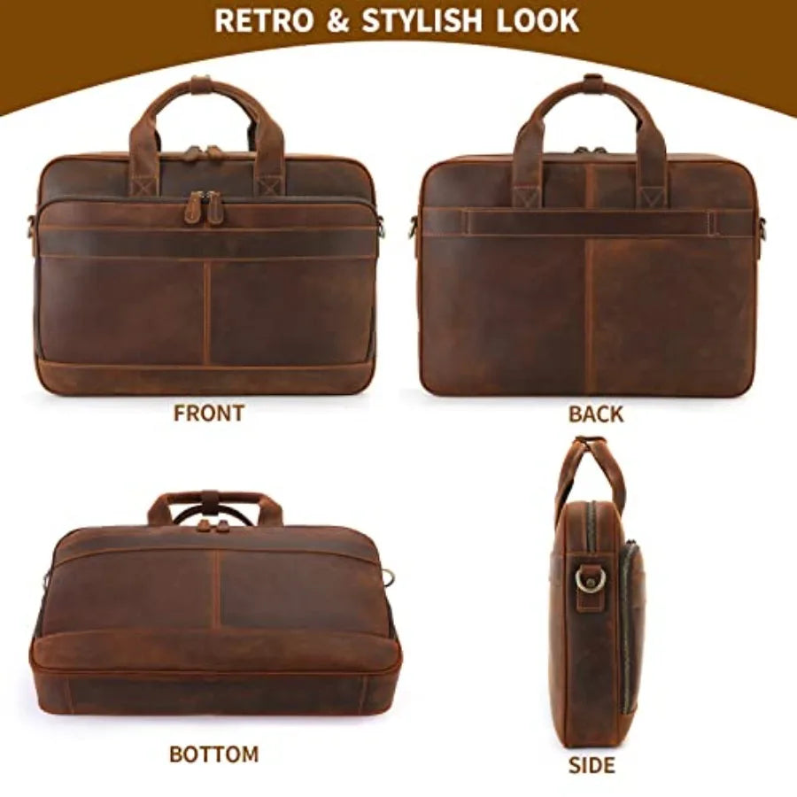 Full Grain Leather Briefcase for Men Business Messenger Bag Laptop Case Fits 15.6 Inch Laptop Brown Premium Quality Durable Des