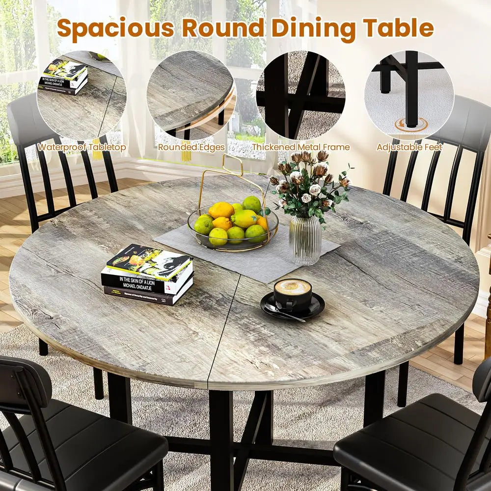 Round Dining Table Set for 4, Wood Circle Kitchen Table and Chairs Set for 4, Modern Dining Room Sets with 4 Faux Leather Chairs