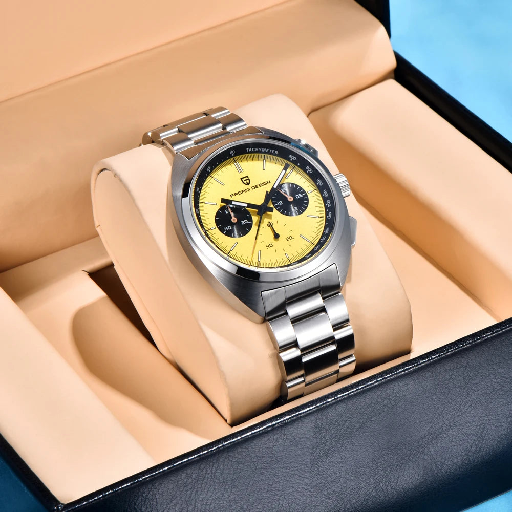 PAGANI DESIGN 2026 New Vibrant Yellow Men Watches Luxury Quartz Wrist Watch For Men Sapphire Speed Chronograph Retro Dial Clock