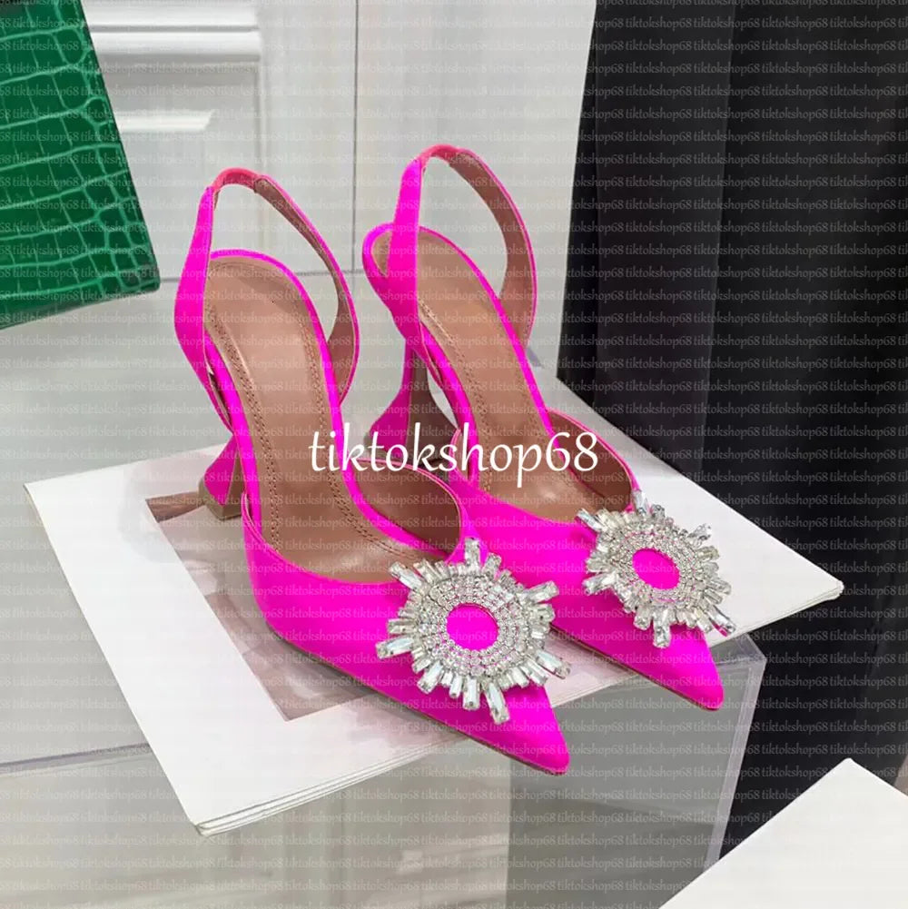 Amina muadii heels designer sandals womens wedding dress shoes satin pointed slingbacks bowtie pumps crystal sunflower flower hi