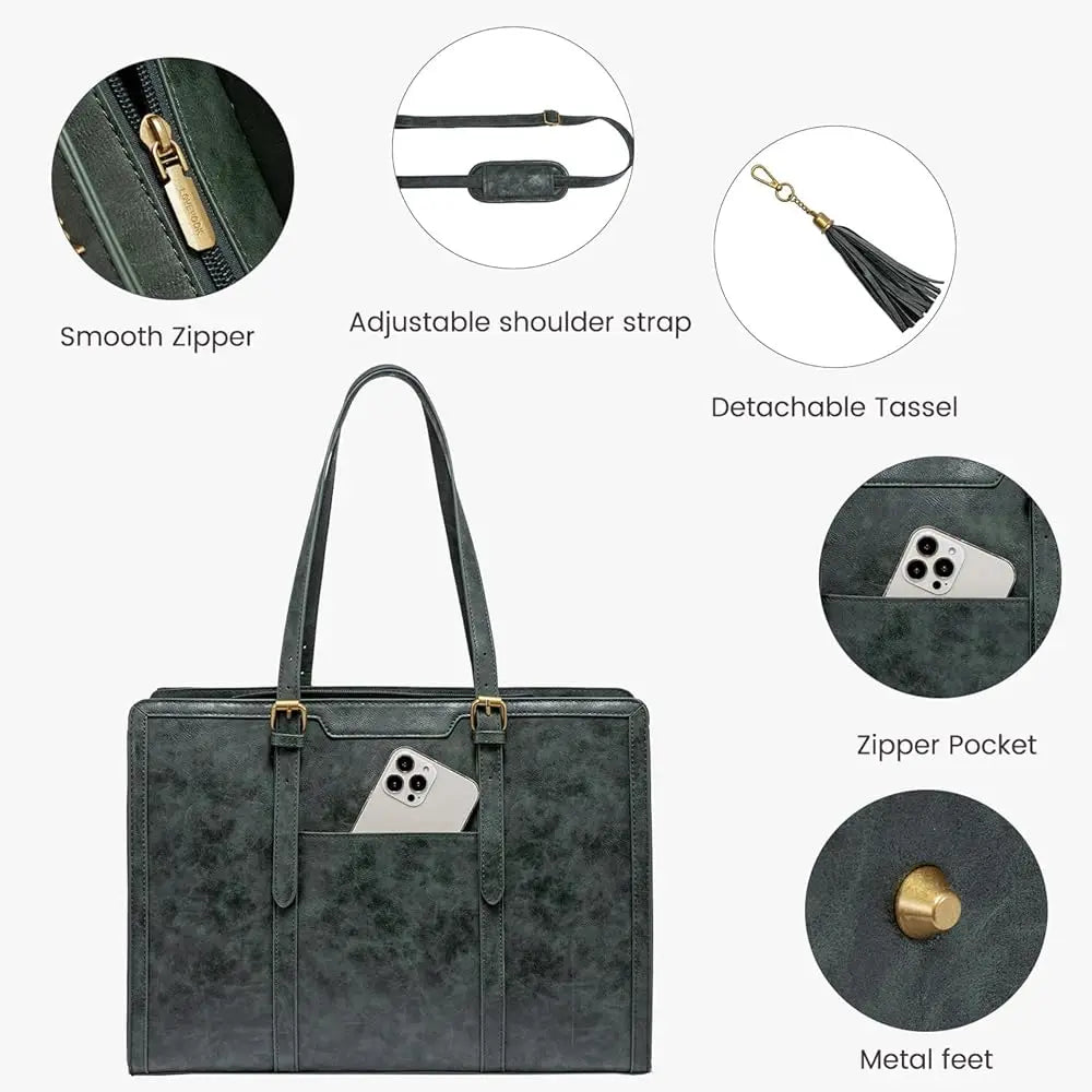 Laptop Bag for Women Vintage Leather Work Tote 15.6 inch Large Capacity Computer Bag with Clutch Purse for Teacher,Office,Ca
