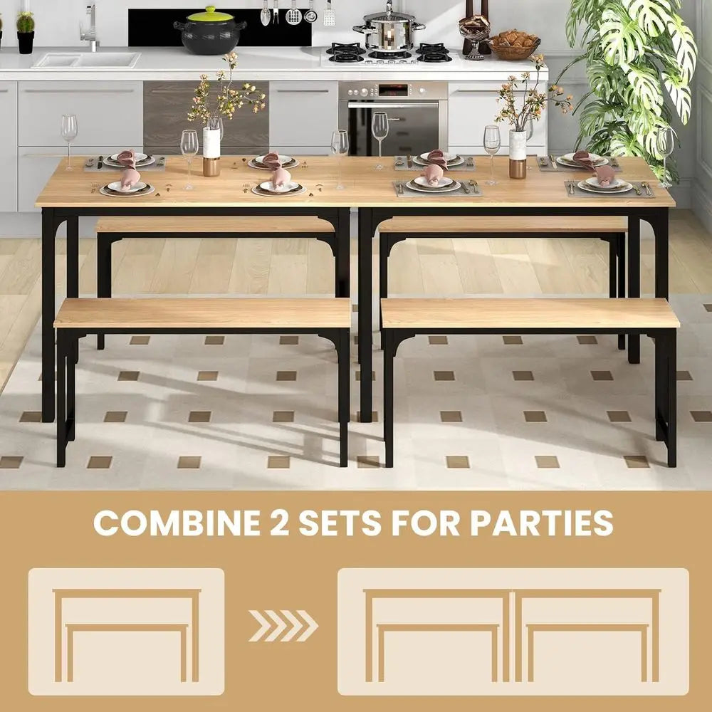 Solid Wood Counter Height Dining Table Set with 2 Benches, Natural