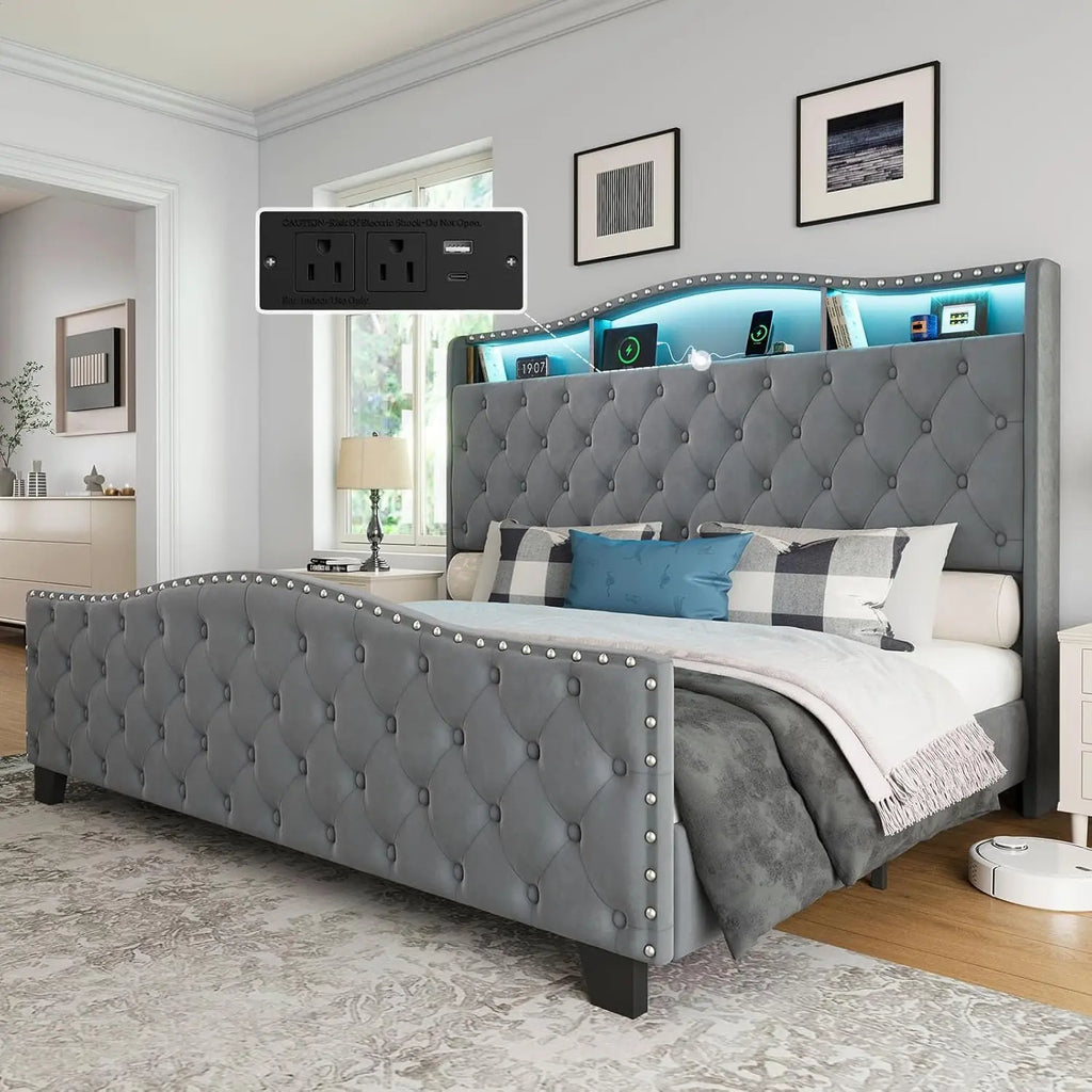 Upholstered Wingback Bed Frame LED Lights Storage Charging Station Tufted No Box Spring, Customized
