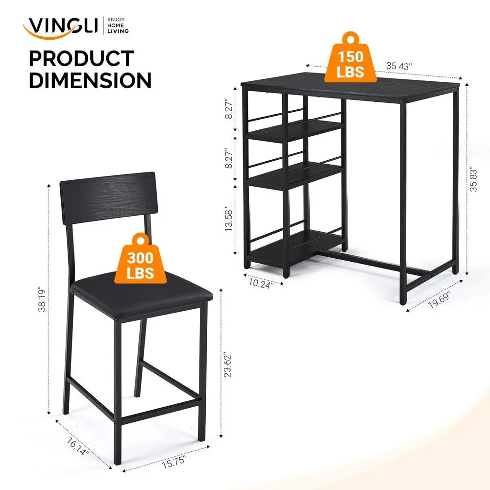 Dining Table Set for 2, Kitchen Breakfast Counter Height Small 3 Piece Bar Table and Chairs Set with Storage, Black
